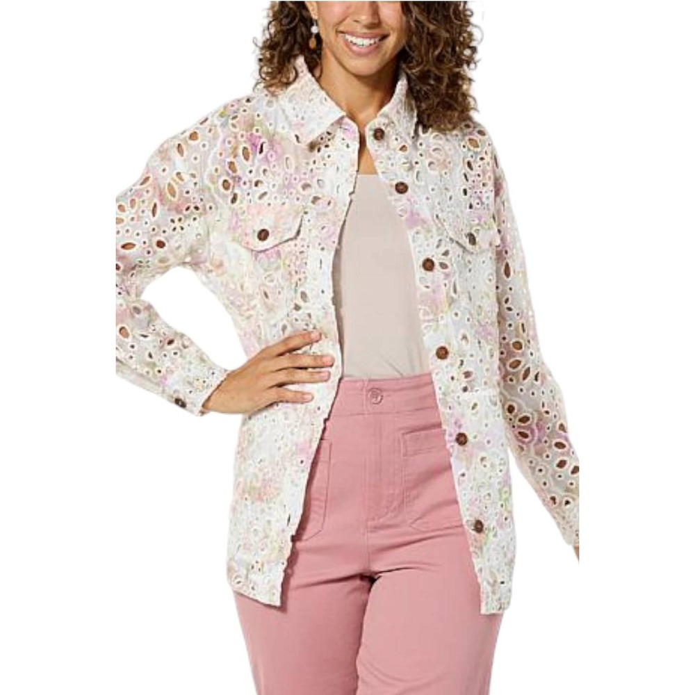 Kathy Ireland Jacket Shirt Womens Sz S Floral Eyelet Button Front‎ Embroidered